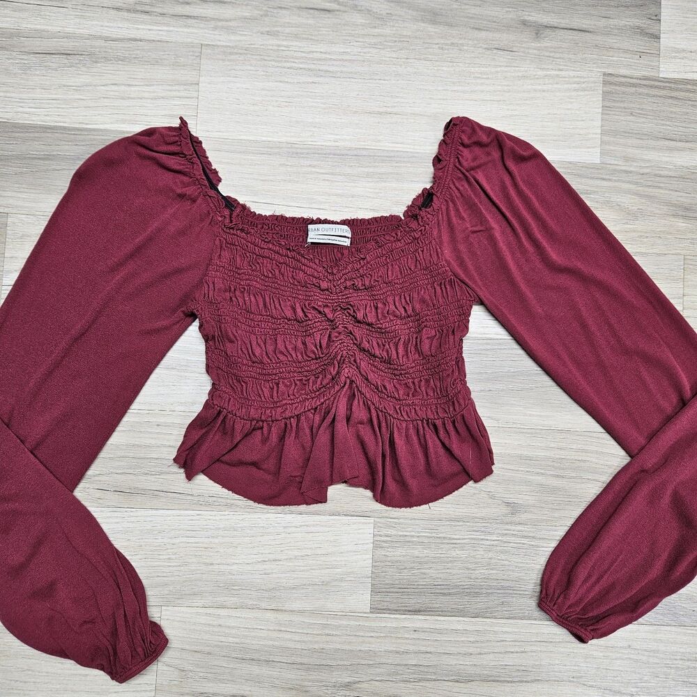 Urban Outfitters Women Burgundy Longsleeve Crop Top Small Smocked